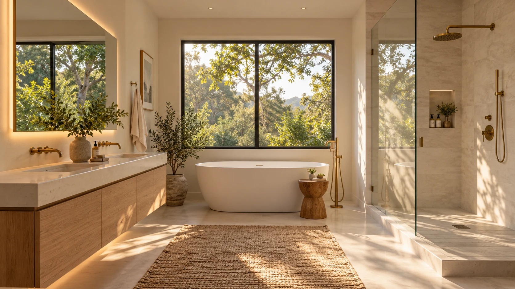 Design inspiration: a warm white bathroom with an oak vanity, brass fixtures and a glass shower